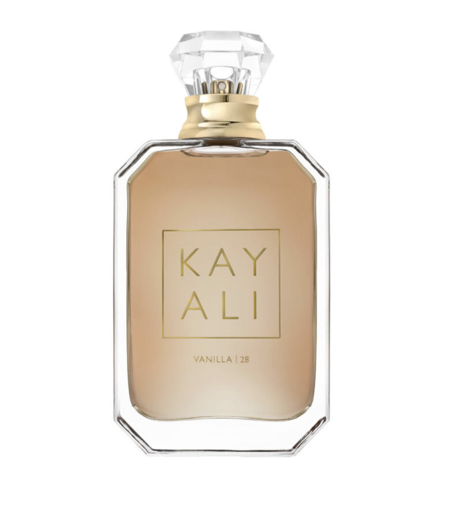A bottle of Kayali Vanilla | 28 perfume with a clear geometric design and gold accents, exuding sophistication.